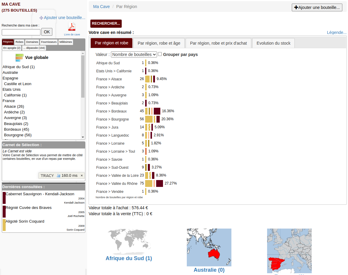 Votre cave en résumé, accès par Région, Robe, Domaine ou Distillerie, Fournisseurs, Millésimes, en apogée, dernières fiches consultées, statistiques rapides et efficaces Ceci est une capture d'écran, cliquer pour voir l'écran suivant.