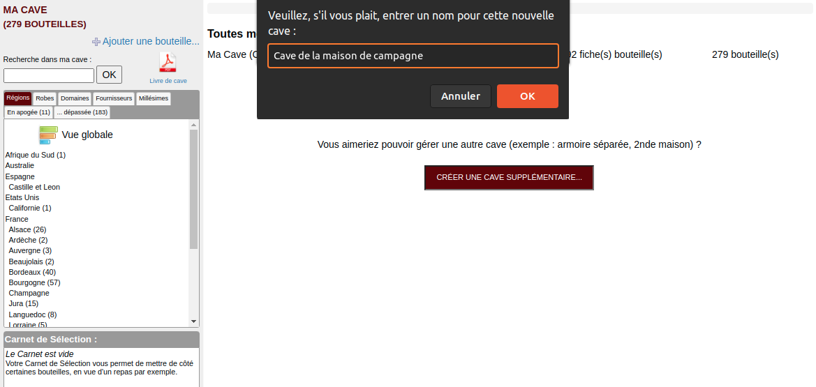 Gestion de plusieurs caves Ceci est une capture d'écran, cliquer pour voir l'écran suivant.