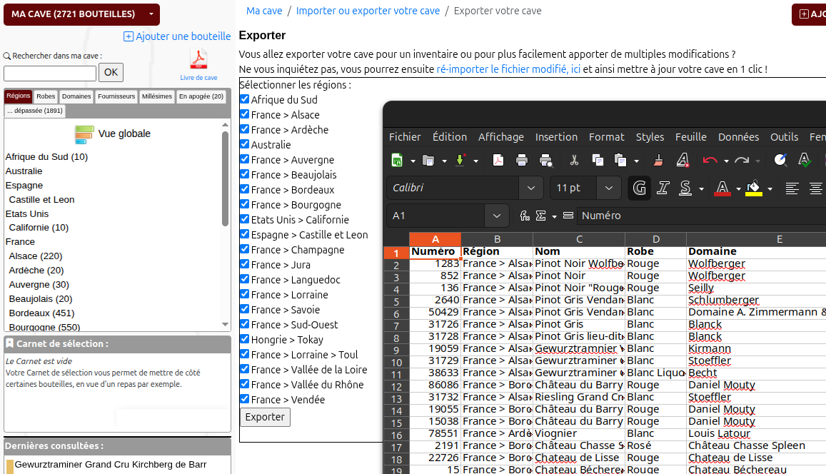 Export pour inventaire de cave à vin de restaurant ou personelle Ceci est une capture d'écran, cliquer pour voir l'écran suivant.