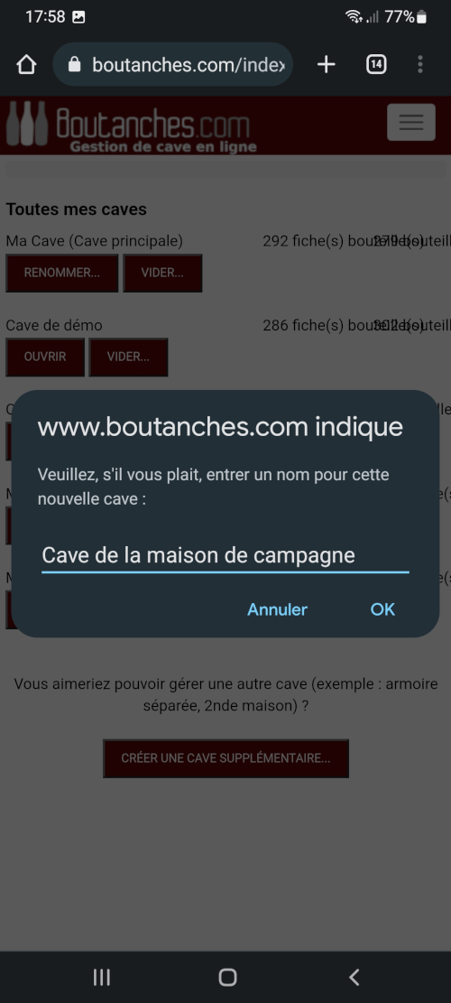 Gestion de plusieurs caves Ceci est une capture d'écran, cliquer pour voir l'écran suivant.