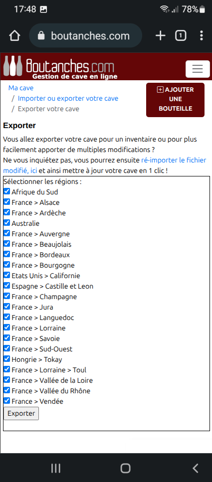 Export pour inventaire de cave à vin de restaurant ou personelle Ceci est une capture d'écran, cliquer pour voir l'écran suivant.