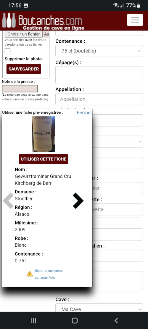 Proposition de fiches pré-enregistrées Ceci est une capture d'écran, cliquer pour voir l'écran suivant.