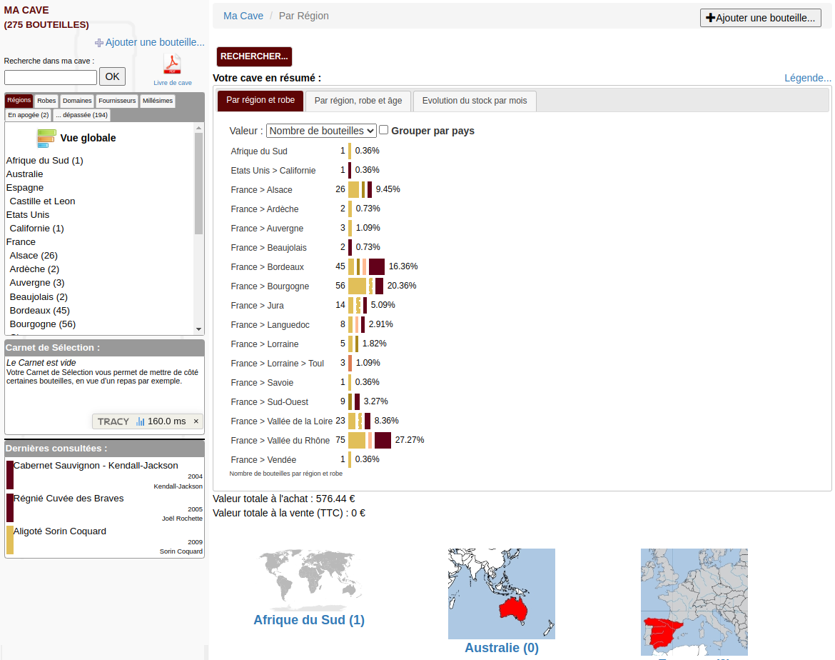 Votre cave en résumé, accès par Région, Robe, Domaine, Fournisseurs, Millésimes, en apogée, dernières fiches consultées, statistiques rapides et efficaces Ceci est une capture d'écran, cliquer pour voir l'écran suivant.